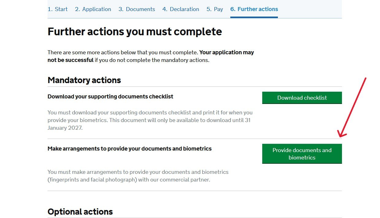 Кнопка Provide documents and biometrics на gov.uk