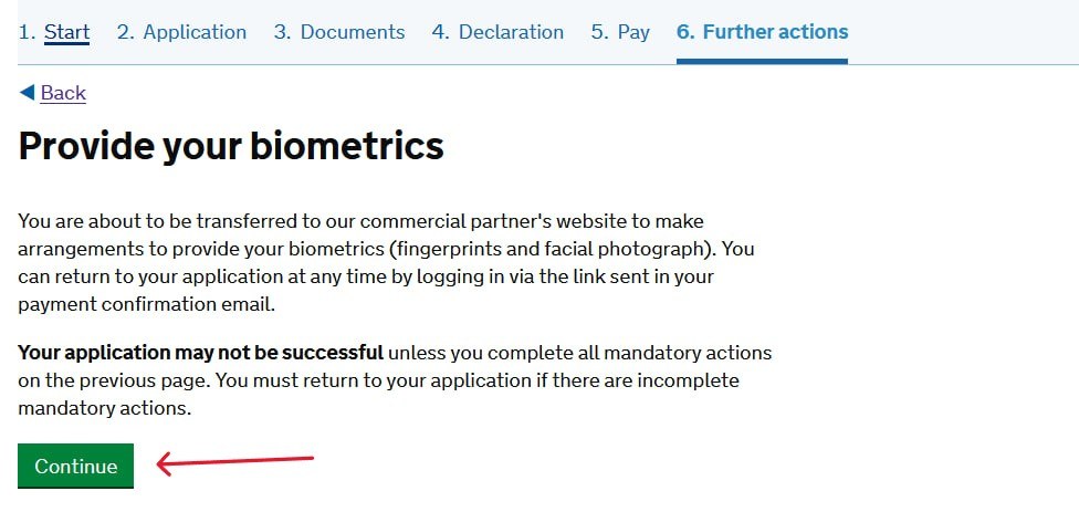 Кнопка Continue на странице Provide your biometrics